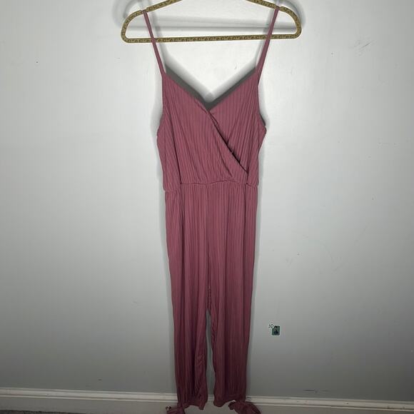 ROLLA COSTER Mauve Ribbed Strapless Tie Ankle Faux Wrap Jumpsuit Size Large - Picture 1 of 8